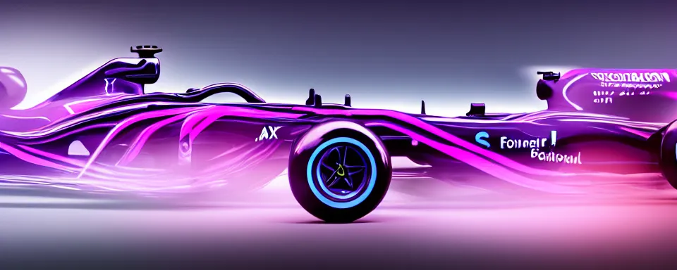 Image similar to abstract illustration of a formula one car, synthwave, purple and pink, motion blur, light streaks, octane render, depth of field