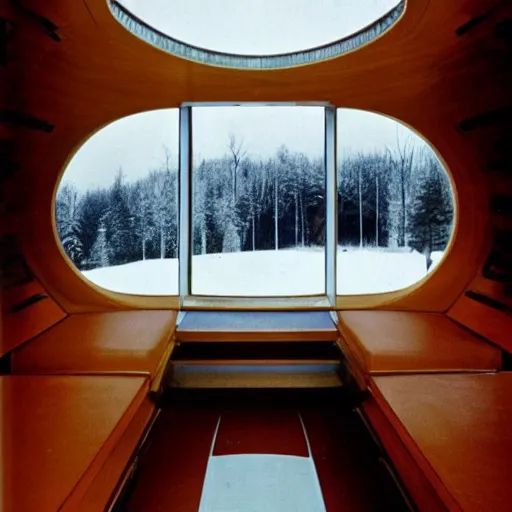 Image similar to the interior of a 1 9 7 0 s space ship carved out of wood, designed by eero saarinen, trees and snow visible through the windows