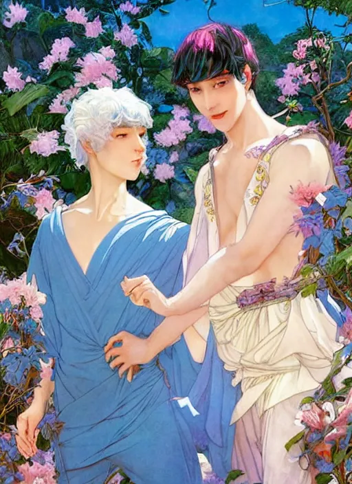 Prompt: black haired yoongi wearing baby blue greek clothes and his prince pink haired yoongi wearing white greek clothes, muted colors, colorful flowers, tropical, sunlight filtering through skin, dynamic hair movement, dynamic pose, glowing butterflies, j. c leyendecker, by alan lee, wlop! illustrated by starember, fantasy art by craig mullins