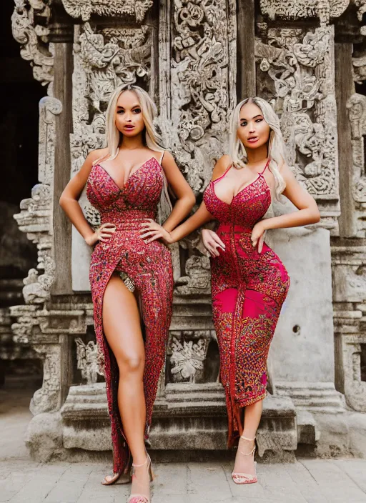 Image similar to portrait of lindsey pelas and demi rose wearing kebaya in bali temple, by charlotte grimm, natural light, detailed face, beautiful features, symmetrical, canon eos c 3 0 0, ƒ 1. 8, 3 5 mm, 8 k, medium - format print, half body shot