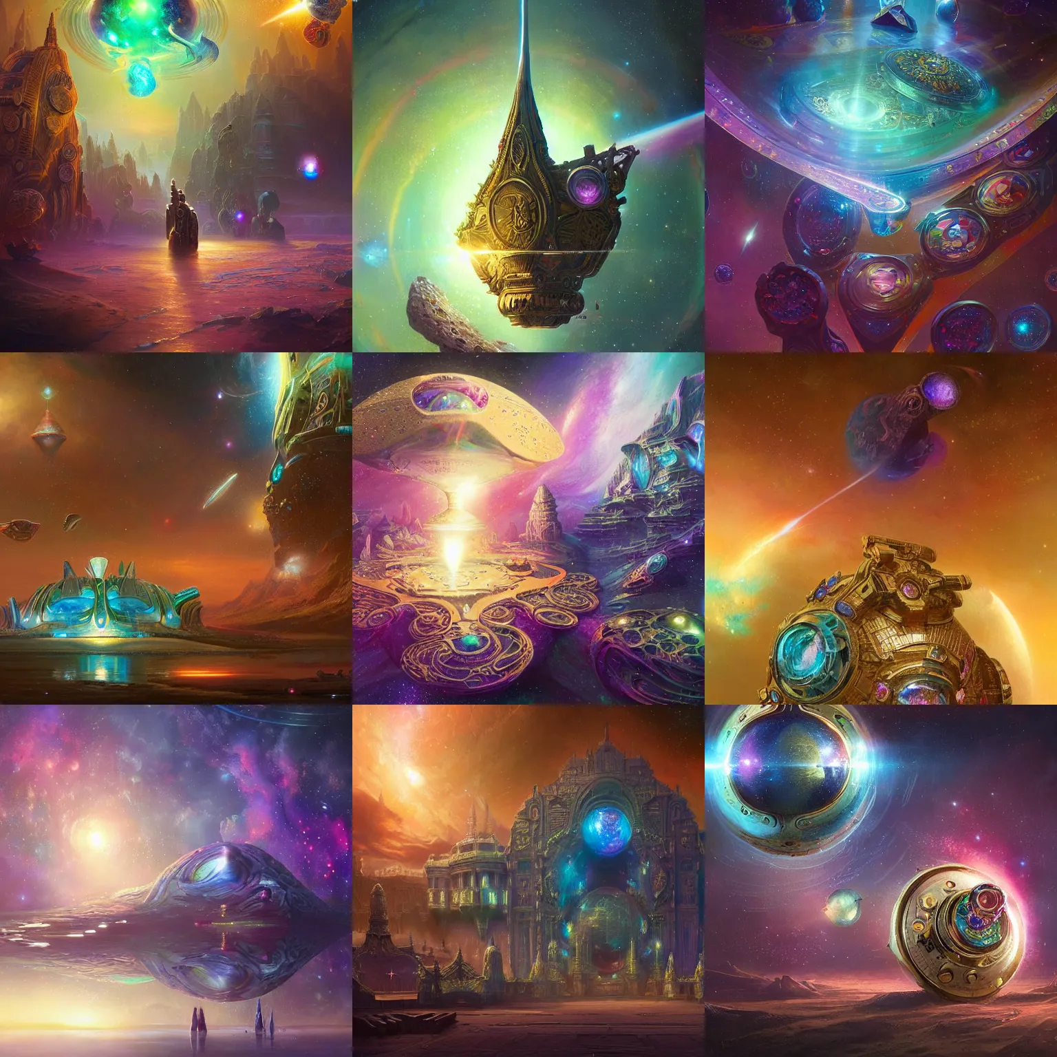 Prompt: 4 d intricate technological artifact treasure from another galaxy with high quality glistening beautiful colors, rich moody atmosphere, reflections, specular highlights, omnipotent, realistic detailed background iridescent cosmic gems, ornate, colourful 3 d crystals and gems, greg rutkowski