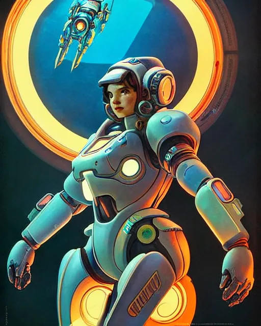 Prompt: d. va from overwatch, glass face shield, hologram, character portrait, portrait, close up, concept art, intricate details, highly detailed, vintage sci - fi poster, retro future, vintage sci - fi art, in the style of chris foss, rodger dean, moebius, michael whelan, and gustave dore