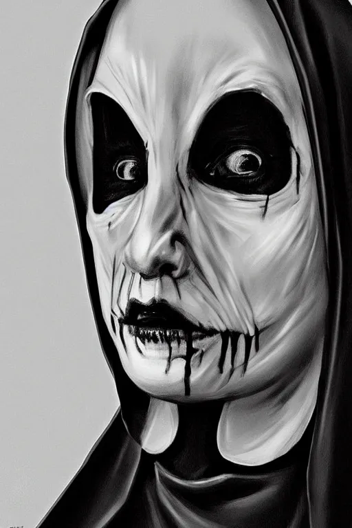 Image similar to portrait, digital painting, an evil nun, black habit, realistic, hyperdetailed, spooky, chiaroscuro, black background, concept art, art by grosz