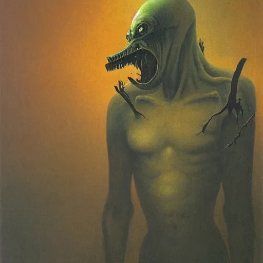 Image similar to a demonic angry alien with long fingers at the foot of the bed, beksinski, dariusz zawadzki