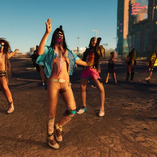 Prompt: Dancing hippies in the desert. Cyberpunk 2077. CP2077. 3840 x 2160