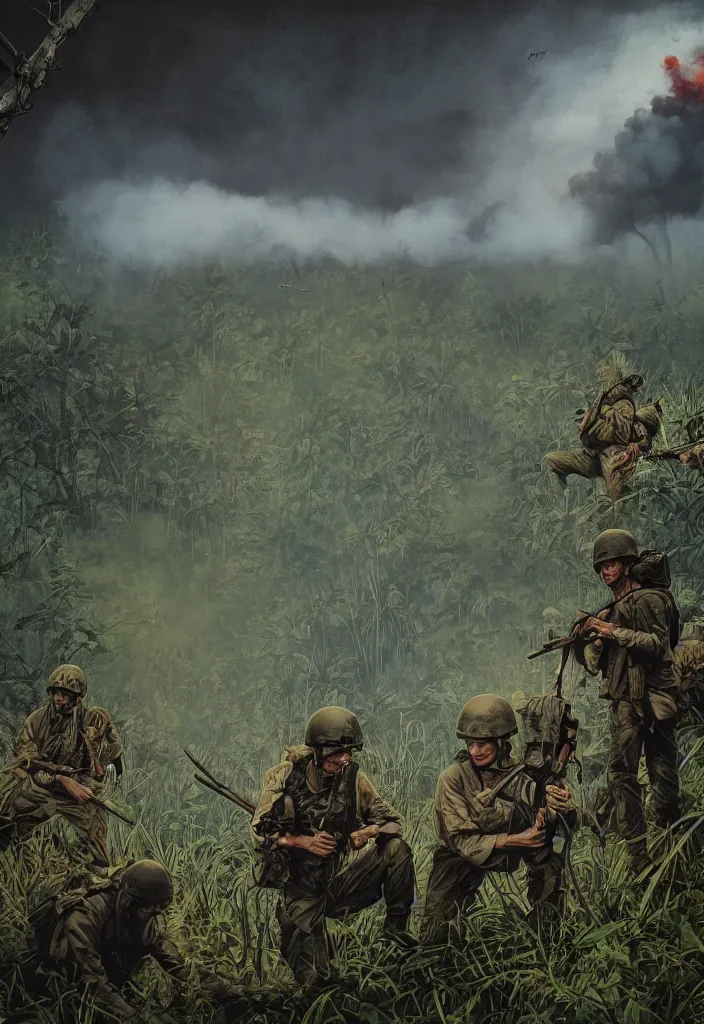 Prompt: handmade illustration of an epic Vietnam war scene with only one american soldiers stand still, the jungle at the background, some smoke and fire, blue sky with dramatic clouds, line art, ballpoint, oil on canvas by Kilian Eng and by Jake Parker, heavy brushstrokes, winning-award masterpiece, fantastic, octane render, 8K HD Resolution, High quality image