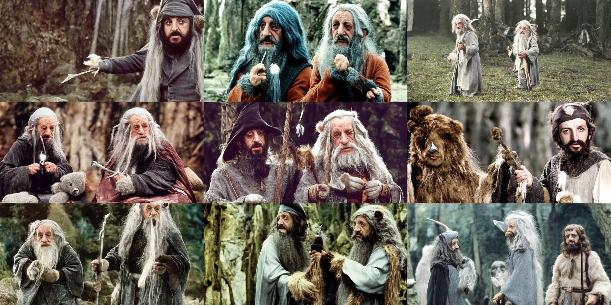 Prompt: A full color still of young Ringo Starr dressed up in a Gandalf costume, wearing a fake bear, directed by Stanley Kubrick, 35mm, 1970