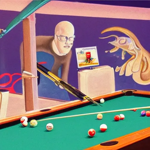 Prompt: a giant squid playing billiards and winning in a mcdonalds's, detailed scientific diagram