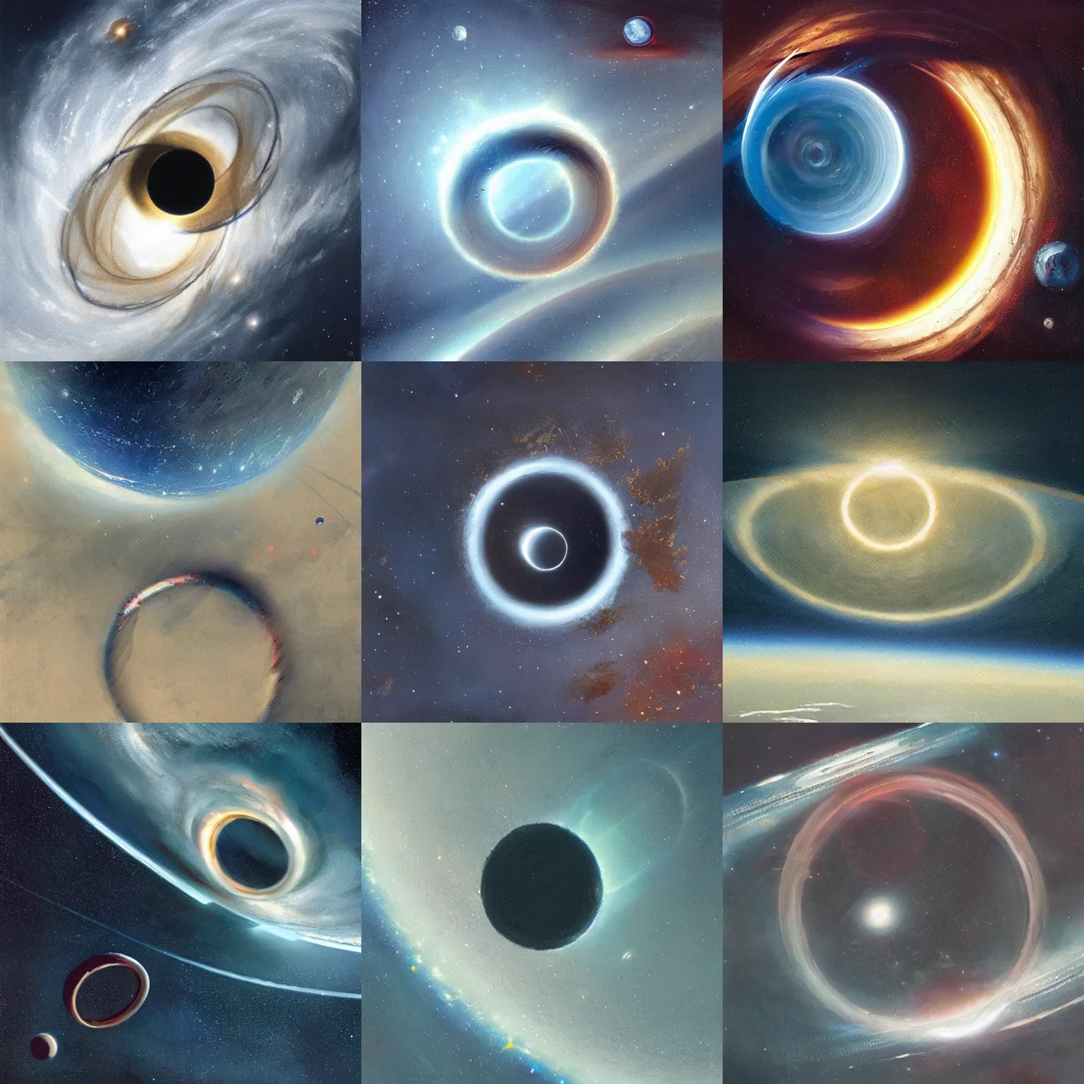 Prompt: large rings in space, seen from above, painted by greg rutkowski