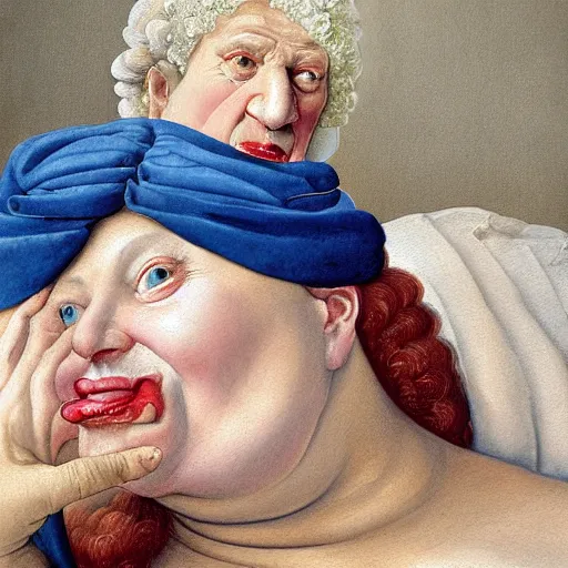 Image similar to of a very funny renaissance style oil painting of a sweet fat old woman kissing herself. symmetrical face, red mouth, blue eyes. a flowered dress. a hyper - realistic scene. 3 d, octane processing, deep focus, white scene. a very funny and sweet picture. unreal engine. watercolor. fellini style. poster quality. da vinci painting style.