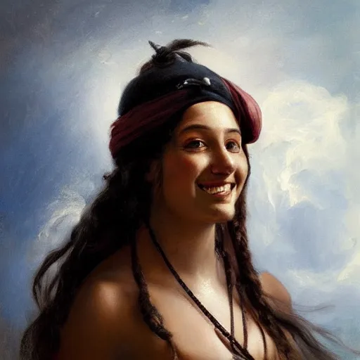 Image similar to oil painting, smiling, happy, beautiful, intelligent, latin, tanned, female pirate captain 2 8 years old, flowing long hair, fully clothed, wise, beautiful, masterful 1 8 0 0 s oil painting, dramatic lighting, sharp focus