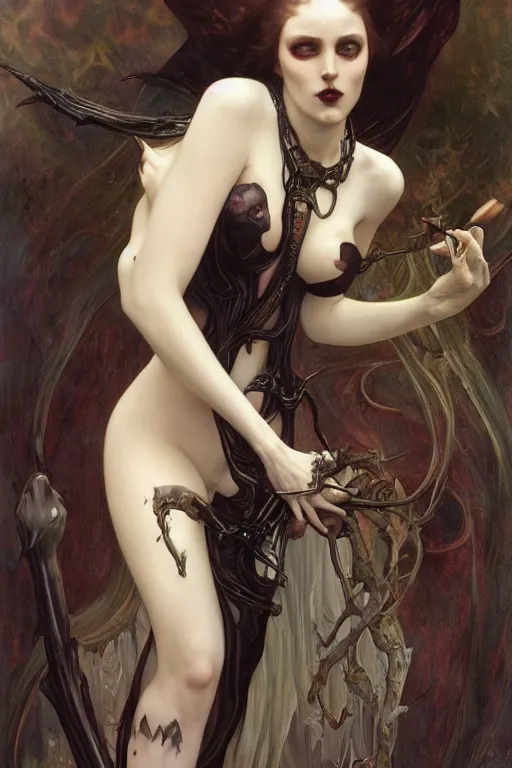 Image similar to masterpiece painting of stunning vampiric succubus girl by donato giancola, h. r. giger and tom bagshaw, face by artgerm and edmund leighton, background by james jean and alphonse mucha, 8 k, gothic horror, majestic, volumetric lighting, porcelain skin, art deco, trending on pixiv