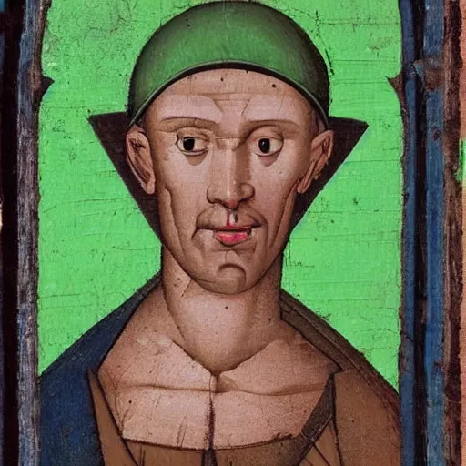 Image similar to skinny man with ugly deformed face wearing bright green cap and bodysuit, medieval painting