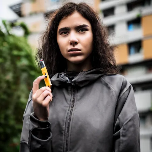 Image similar to candid photographic portrait of a poor techwear mixed young woman smoking inside a dystopian city, closeup, beautiful garden terraces in the background, sigma 85mm f/1.4, 4k, depth of field, high resolution, 4k, 8k, hd, full color