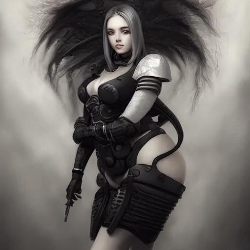 Prompt: By Tom Bagshaw, ultra realist soft painting of an attractive thicc curvy cyberpunk anime female fully body armored, with thin lustrous long hair floating, photorealistic eyes render, looking at camera, curiosities carnival, symmetry accurate features, very intricate details, focus, dark fantasy background black and white