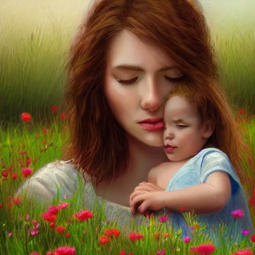 Prompt: A mother and child in a field of flowers, serene, pastoral, digital painting, artstation, close up, details, sharp focus, illustration, By Ross draws