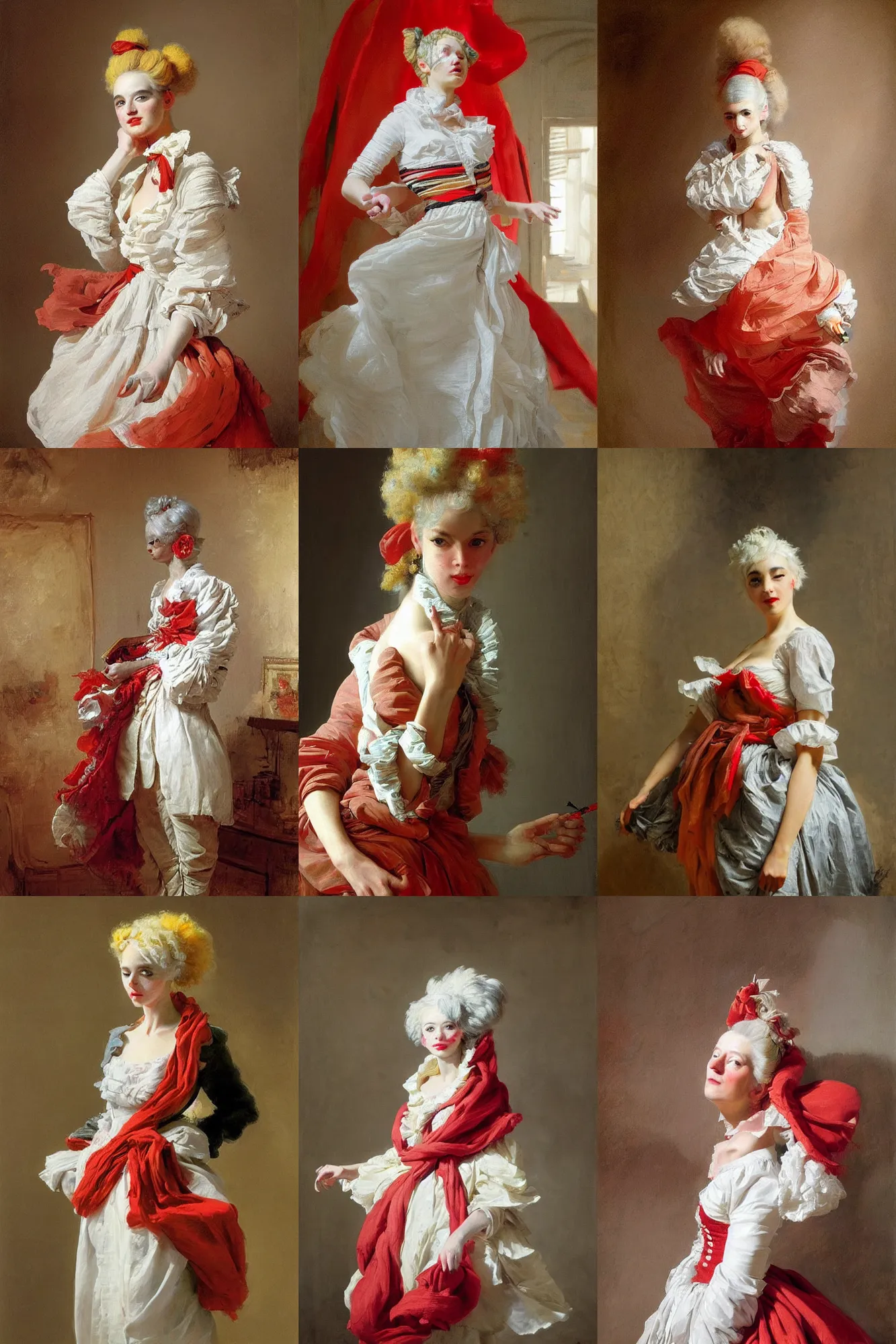 Prompt: a young curator with light white hair and red scarf, cheerful, modern maximalist harlequin fashion dress, is ( ( painting a portrait on a canvas ) ). light dust, magnificent, hyperdetailed, theatrical, painted by jean honore fragonard and greg rutkowski
