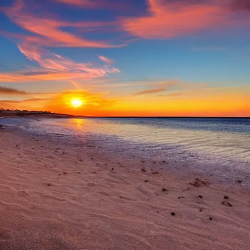 Prompt: A sandy beach, with the sound of waves crashing against the shore, and a beautiful sunset, in a relaxing and peaceful style.