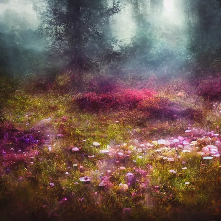 Image similar to a planet of various fungus like trees, mushrooms, flowers and plants, artistic photography, muted colors, conceptual, long exposure outside the city, volumetric light