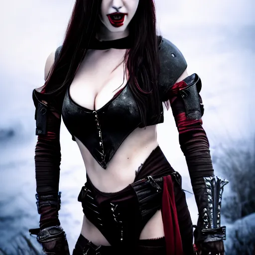 Prompt: photo of a real-life beautiful female vampire warrior, 4k