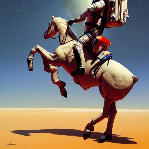 Image similar to a anthropomorphic horse - astronaut riding a human, hyperrealism, no blur, 4 k resolution, ultra detailed, style of ron cobb, adolf hiremy - hirschl, syd mead, ismail inceoglu, rene margitte
