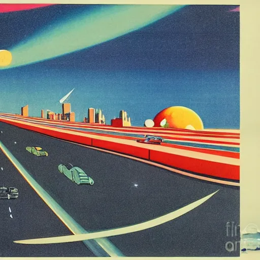 Image similar to a series of highways in outer space with cars on them, 1950s art deco poster, retrofuturism, edward hopper