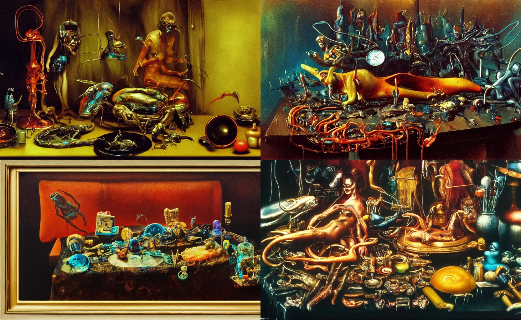 Prompt: blade runner, disturbing colorful oil painting dutch golden age vanitas still life sparse composition with bizarre objects strange gooey transparent surfaces shiny metal reflections bizarre mutant meat insects rachel ruysch dali todd schorr very detailed perfect composition rule of thirds masterpiece canon 5 0 mm, cinematic lighting, photography, retro, film, kodachrome