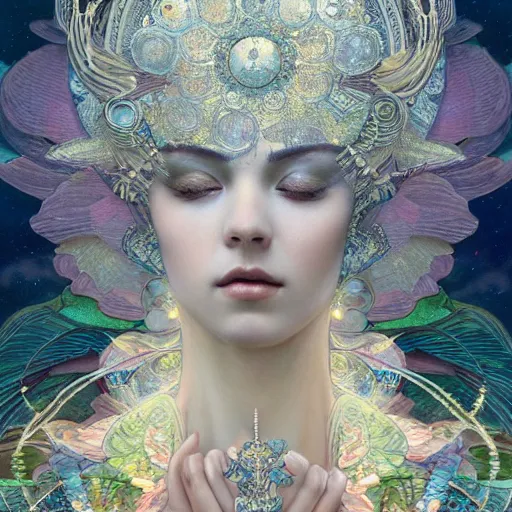 Image similar to absolutely beautiful empress, intricate, elegant, hyper detailed, finely detailed beautiful angelic symmetry face delicate, smooth, sharp focus, award - winning, masterpiece, in bloom greenhouse, shining light came in through the window, style of tom bagshaw, cedric peyravernay, peter mohrbacher, louis comfort tiffany, victo ngai, 4 k hd illustrative wallpaper