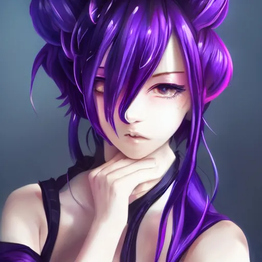 Prompt: beautiful anime woman ( ( ( ( shion ) ) ) ) with purple hair, ( ( horn ) ) ( ( ( ponytail ) ) ) ( purple eyes ), a purple tuxedo, sharp focus, intricate, cell shaded, award winning photography, cinematic, digital painting, cinematic, wlop, 8 k, by ross tran, tom bagshaw