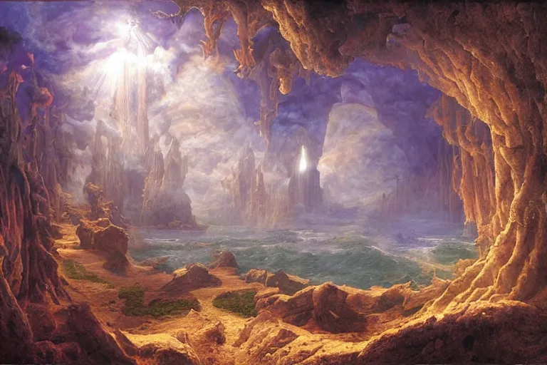 Prompt: The Portal Beyond the Mortal Realm. 3D matte painting by Johfra Bosschart, bright volumetric sunlight