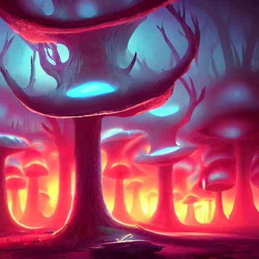 Prompt: eerie glowing mushroom forest, fantasy landscape, 8k, ultra detailed, concept art, trending on artstation