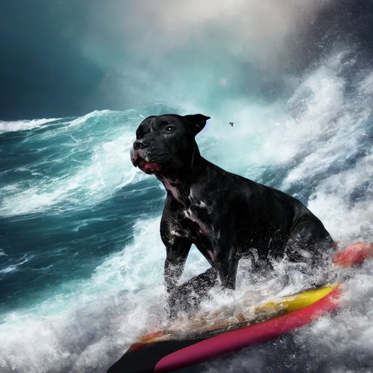 Image similar to photo of a dark gray black pit bull with a white paws, surfing on a surfboard in a crashing wave of alien ocean in space, background is an alien galaxy, aliens in the background, alien colors, octane render, unreal engine, wide view, 8 k, high detaild