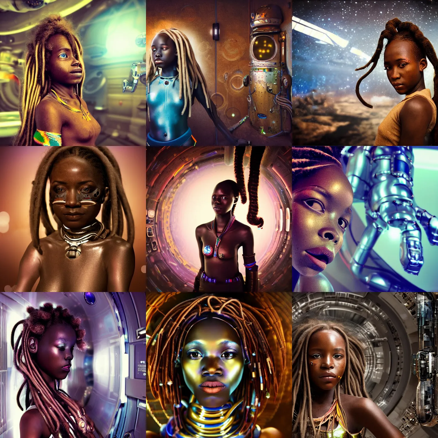 Prompt: beautiful futuristic himba girl inside a space station, robotic arms, metallic dreadlocks, hyperrealistic, sci - fi, dramatic lighting, intricate, soft focus, assymetrical