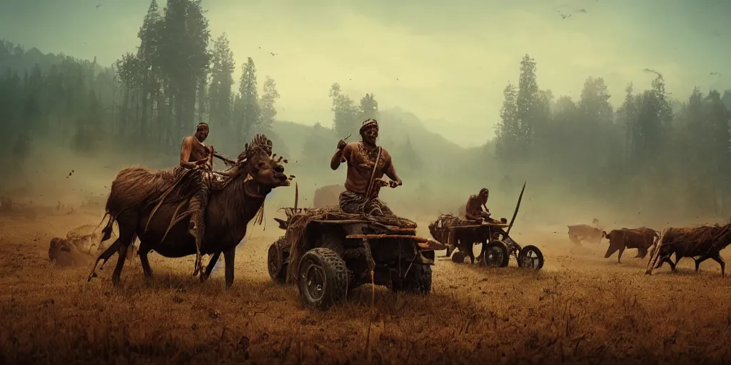 Image similar to ancient indian tribesman hunting on atv buffalo herd, wooden wheels, attacking, chase, action scene, an epic fantasy, dramatic lighting, cinematic, establishing shot, extremely high detail, photorealistic, cinematic lighting, artstation, octane render, by simon stalenhag, horizon forbidden west,old photo, high speed photography, vintage, extreme sports