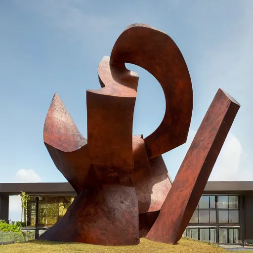 Image similar to a highly detailed 4 k photorealistic abstract design of an sculpture built on corten steel in style of eduardo chillida, jorge oteiza, agustin ibarrola