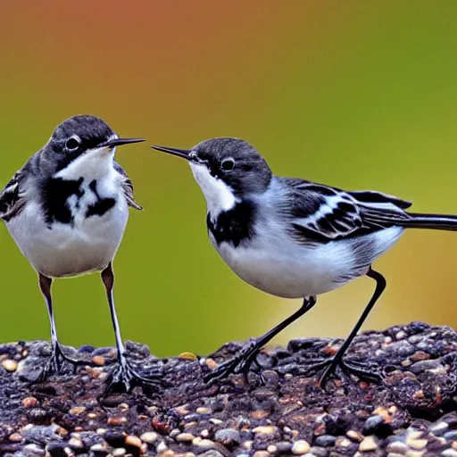 Image similar to three wagtails having a cool birthday party, photo, highly detailed