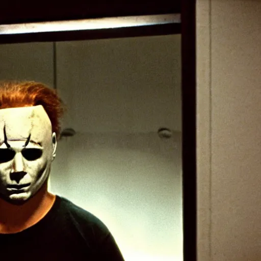 Prompt: Michael Myers peering over bathroom stall wall. Movie still, realistic, grainy.