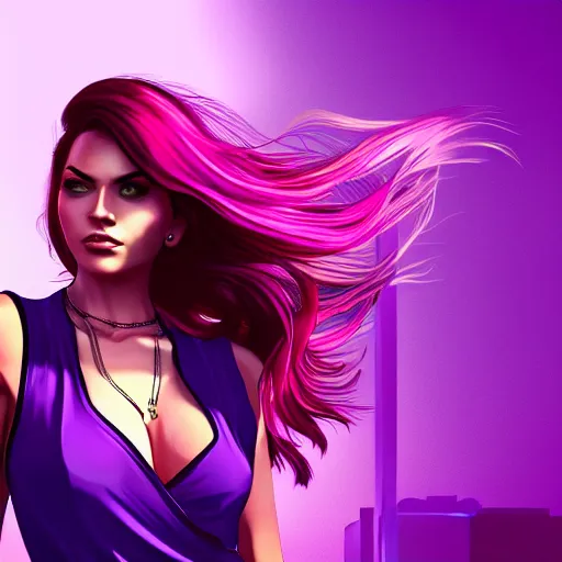 Prompt: a stunning GTA V loading screen with a beautiful woman with ombre hairstyle in purple and pink blowing in the wind, city streets, golden ratio, digital art, trending on artstation