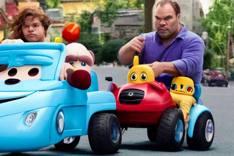 Image similar to vincent d'onofrio as kingpin driving a little tikes cozy coupe, movie still, from the new daredevil movie, 8 k, realistic