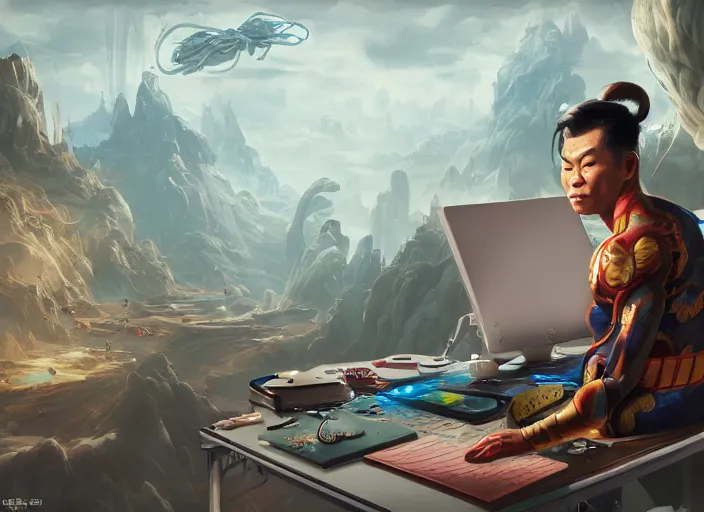 Image similar to an insanely detailed painting of an asian man wearing a homemade superhero costume, sitting at a desk, staring seriously at the computer and typing, in the style of peter mohrbacher, james jean, dramatic lighting and composition, surreal background, octane render, pixar, trending on artstation, concept art, comic book, view from behind, 8 k