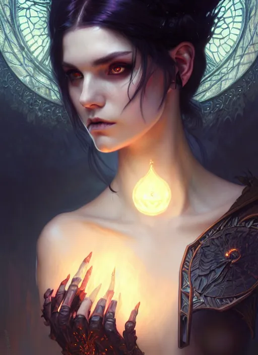 Image similar to Necromancer Sorceress, fantasy magic, undercut hairstyle, dark light night, intricate, elegant, sharp focus, illustration, highly detailed, digital painting, concept art, matte, art by WLOP and Artgerm and Greg Rutkowski and Alphonse Mucha, masterpiece