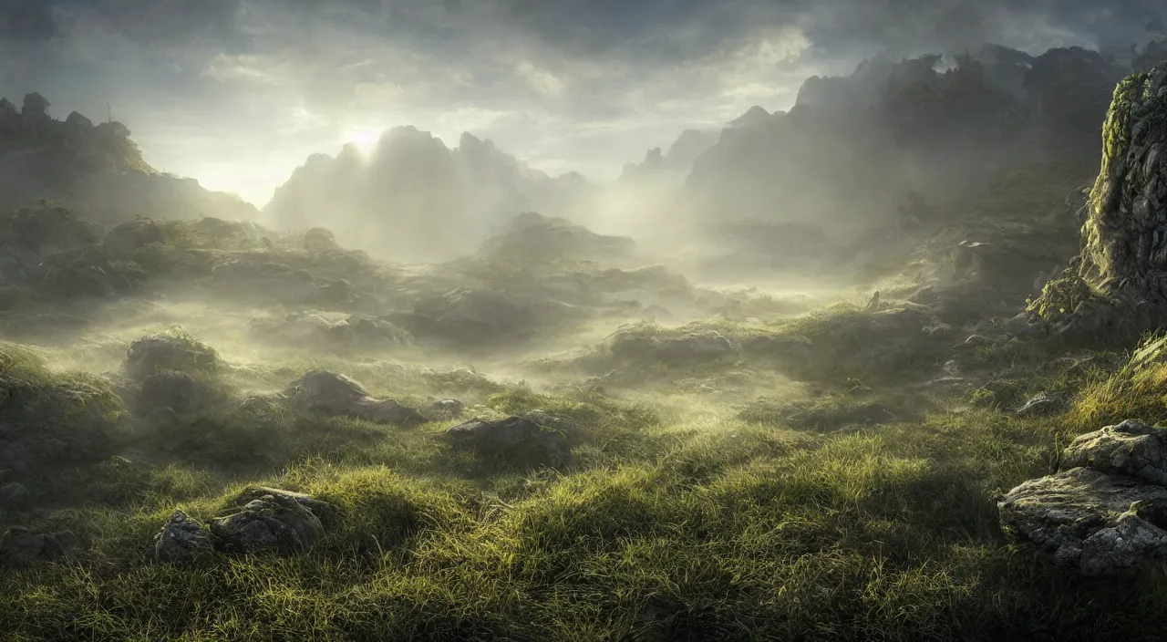 Prompt: photorealistic matte painting misty moors overgrowth undergrowth jagged rock features volumetric fog light rays high contrast dawn mr burns