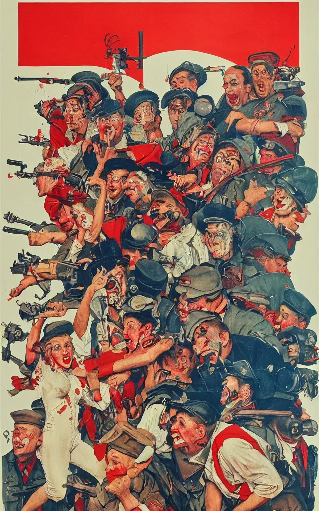 Image similar to clown fight, in the style of norman rockwell, cold war, propaganda poster, sci - fi illustrations, highly detailed, award - winning, patriotic, soviet, ussr, dark, gritty, ink