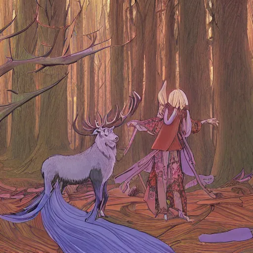 Prompt: illustration of a magical tribal sorceress with a huge majestic stag in a forest by hayao miyazaki and jean giraud moebius, highly detailed digital painting, concept art