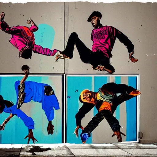 Image similar to four breakdancers battling in the bronx in 1984, by Andy Warhol, gritty, energetic, hyperrealistic, intricate graffiti, Moody lightning, trending on artstation