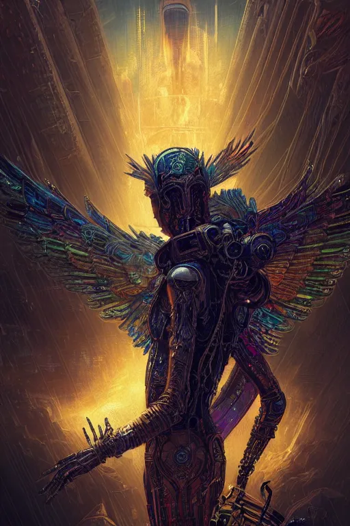 Image similar to a beautiful tarot card artwork of a cyberpunk fallen dark seraphim, horror, backlit, gloomy sky, highly detailed, digital painting, intricate golden threads, by eddie mendoza and greg rutkowski and dan mumford and artgerm, vivid colors, detailed shading, 8 k resolution, intricate, smooth