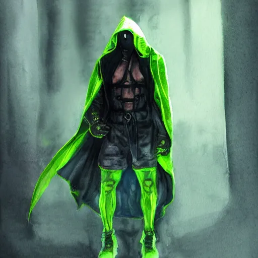 Image similar to realistic and professional watercolor artwork of a dark fantasy hooded ninja warrior with neon green lines, futuristic style outfit, super detailed, trending on artstation, concept art, portrait, dramatic light, painted by greg rutkowski