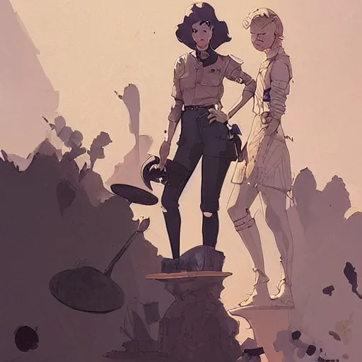 Image similar to portrait of stoic heroic blonde tomboy butch woman engineer and tall brunette goth feminine woman standing back to back by atey ghailan, by greg rutkowski, by greg tocchini, by james gilleard, by joe fenton, by kaethe butcher, dynamic lighting, gradient light blue, brown, blonde cream and white color scheme, grunge aesthetic