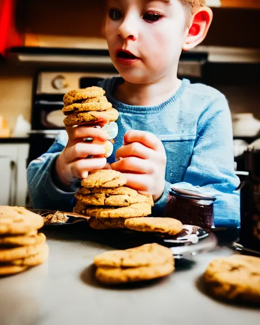 Prompt: high quality presentation photo of a real cute goblin eating cookies in a retro kitchen, photography 4k, f1.8 anamorphic, bokeh, 4k, Canon, Nikon