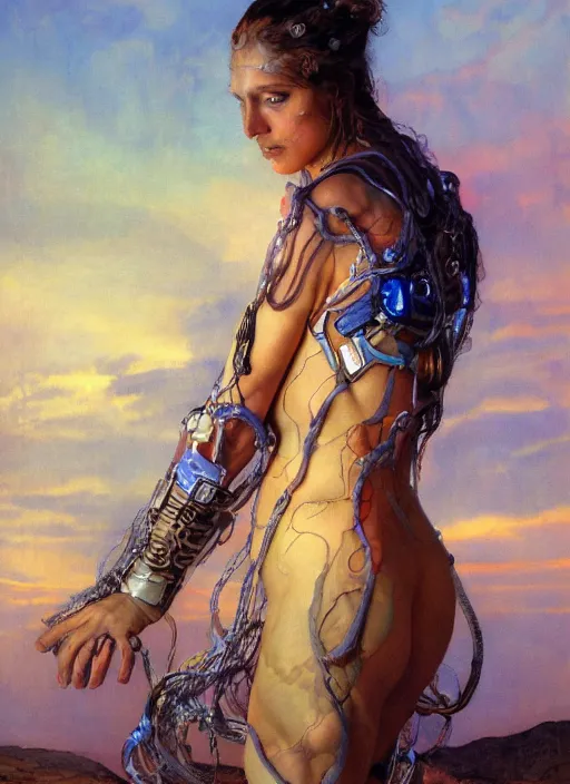 Image similar to biblical beautiful female druid android with transparent skin, bright glowing veins, in clouds, sunset, studio light, by mikhail vrubel, by gerald brom, by peter elson, muted colors, extreme detail, reflections, trending on artstation, 8 k